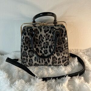 Leopard Print Structured Satchel Handbag - Black/Gray